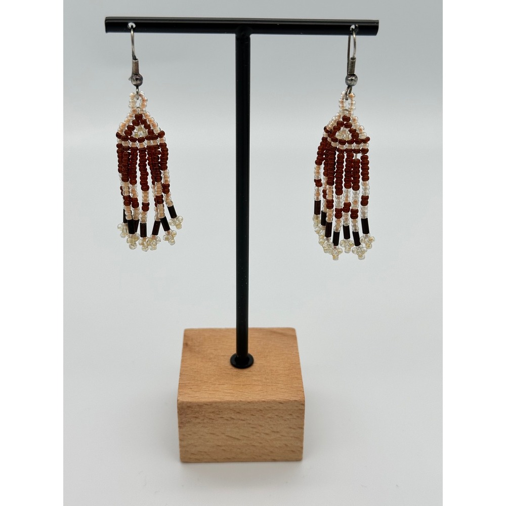 Handmade Beaded Fringe Earrings Burgundy Cream Glass Seed Bead Vintage 90s OS